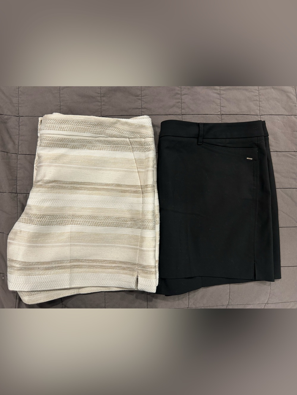 White House Black Market Cream Striped Shorts and Black Stretch Shorts